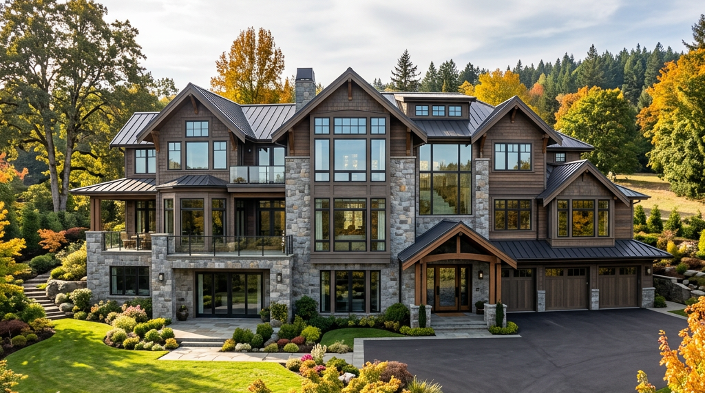Large stone-and-timber home surrounded by landscaped gardens and autumn trees